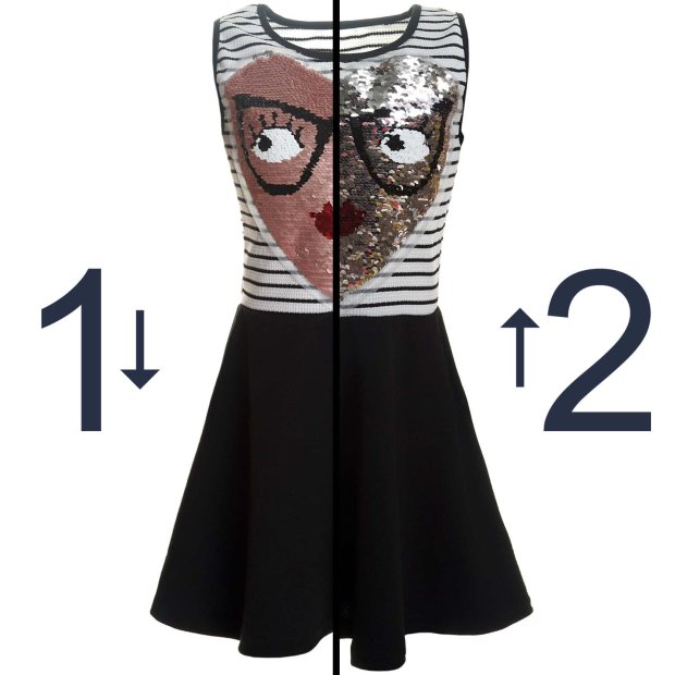 Mädchen Wende Pallietten Kleid mit schwingenden Rockteil Schwarz Weiß 158