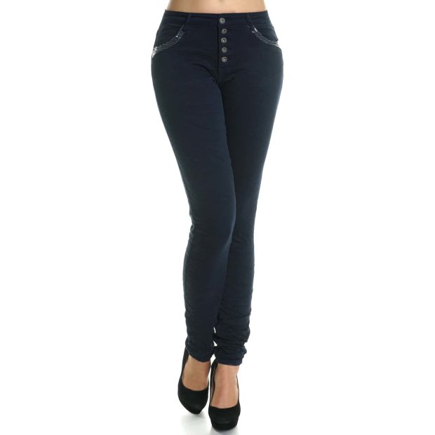 Damen Hose mit hohem stretch Anteil und Nieten am Bund Blau XS