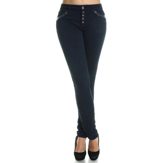 Damen Hose mit hohem stretch Anteil und Nieten am Bund Blau XS