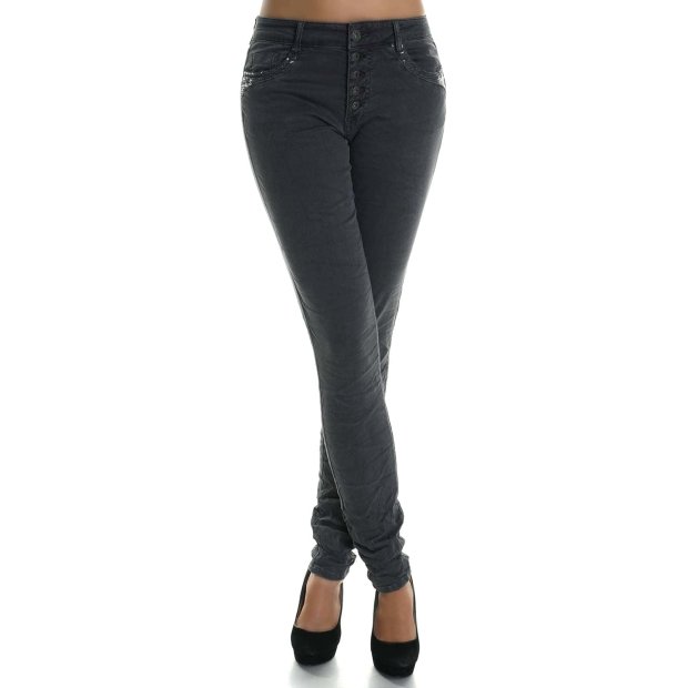 Damen Hose mit hohem stretch Anteil und Nieten am Bund Grau XS