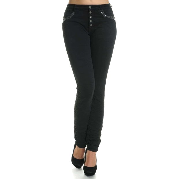 Damen Hose mit hohem stretch Anteil und Nieten am Bund Grau XL
