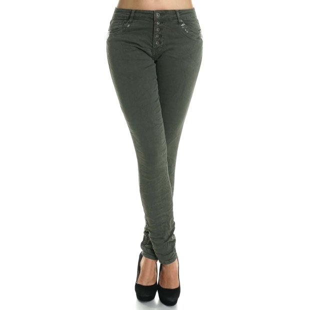 Damen Hose mit hohem stretch Anteil und Nieten am Bund Grün M