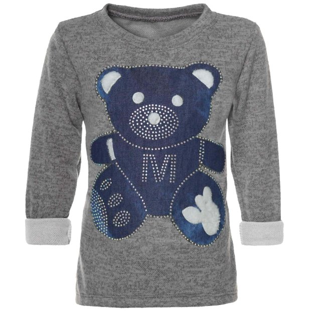 Mädchen Langarm Shirt Pullover mit Bären Motiv aus Glitzersteinen Grau 104