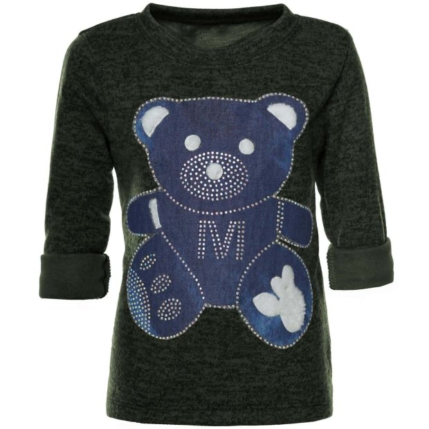 Mädchen Langarm Shirt Pullover mit Bären Motiv aus Glitzersteinen Grün 128