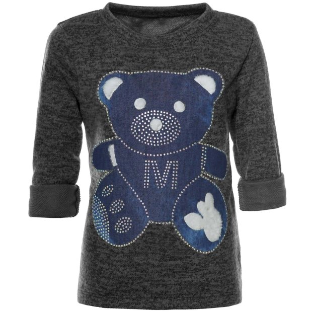 Mädchen Langarm Shirt Pullover mit Bären Motiv aus Glitzersteinen Anthrazit 164