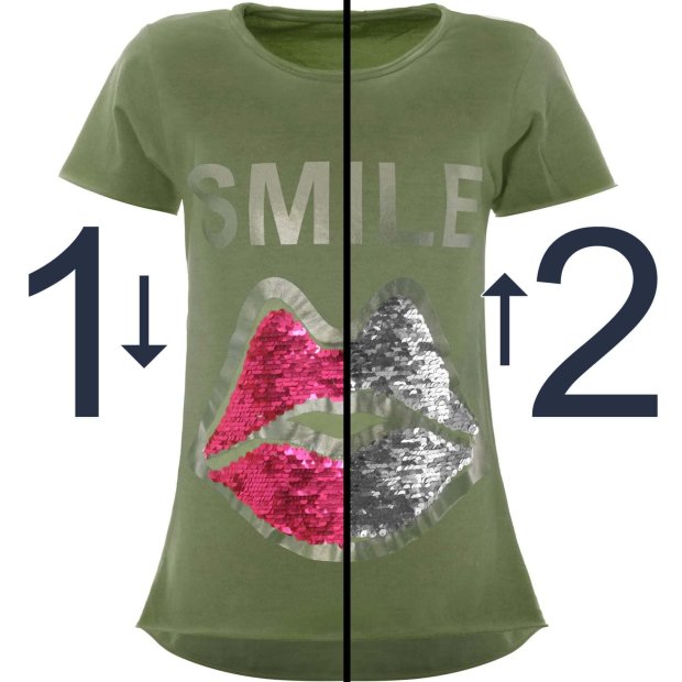 Mädchen T-Shirt mit tollem Wende Pailletten Motiv Olivegrün 152