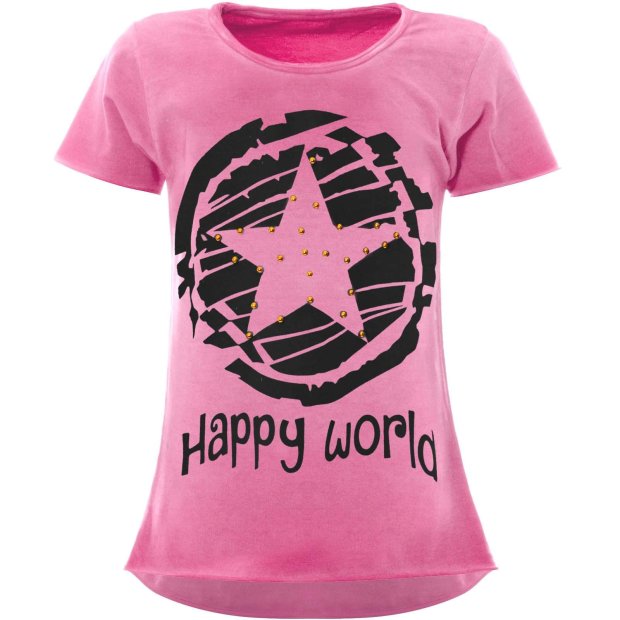 Mädchen T-Shirt mit Motiv Druck und Kunstperlen Pink 164