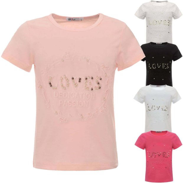 Mädchen Sommer T-Shirt mit Kunst-Perlen und Druck Motive