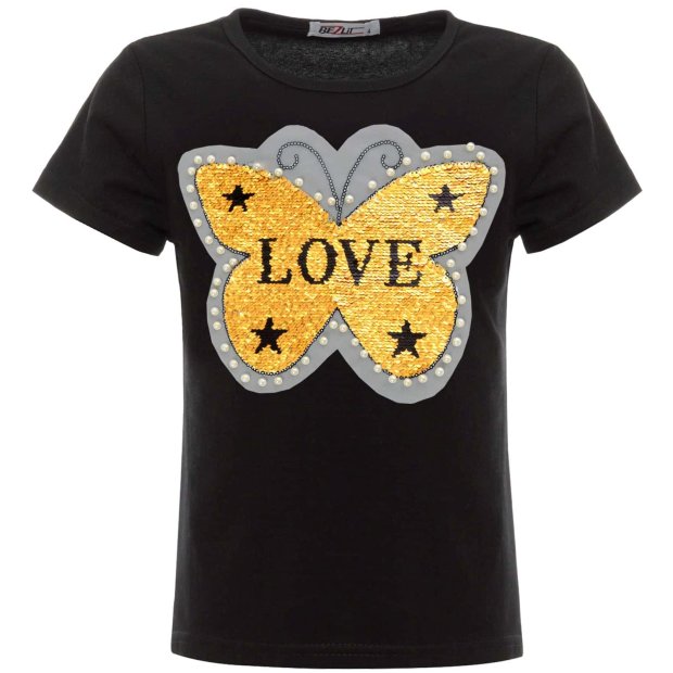 Mädchen Wende Pailletten T-Shirt mit Schmetterling und Kunstperlen