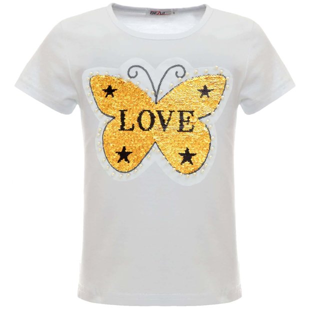 Mädchen Wende Pailletten T-Shirt mit Schmetterling und Kunstperlen