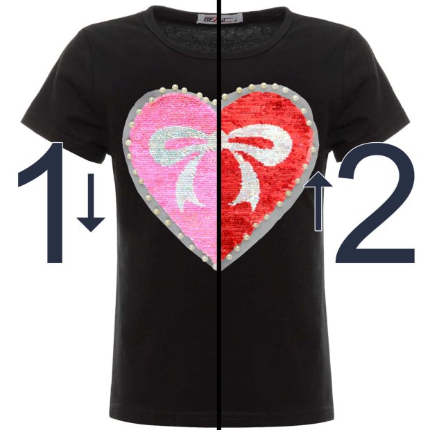 Mädchen Wende Pailletten T-Shirt mit einem Herz-Motiv Schwarz 104