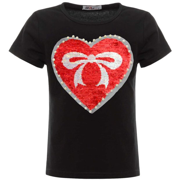 Mädchen Wende Pailletten T-Shirt mit einem Herz-Motiv Schwarz 98
