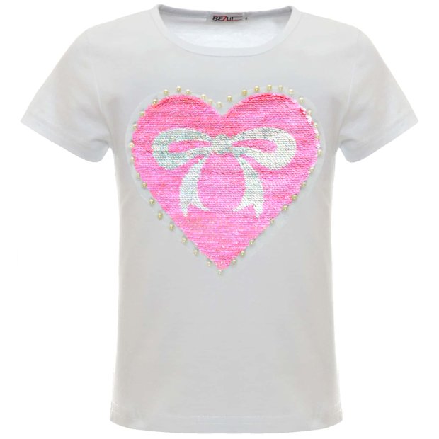 Mädchen Wende Pailletten T-Shirt mit einem Herz-Motiv Weiß 104