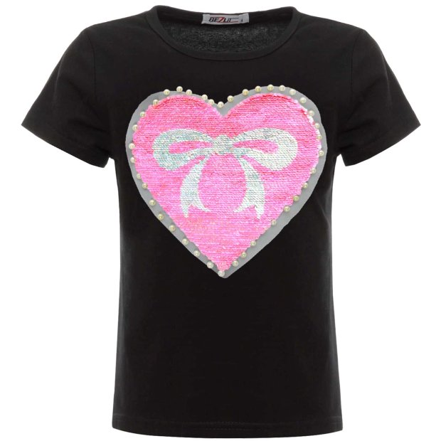 Mädchen Wende Pailletten T-Shirt mit einem Herz-Motiv Schwarz 140