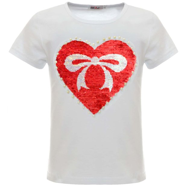Mädchen Wende Pailletten T-Shirt mit einem Herz-Motiv Weiß 158