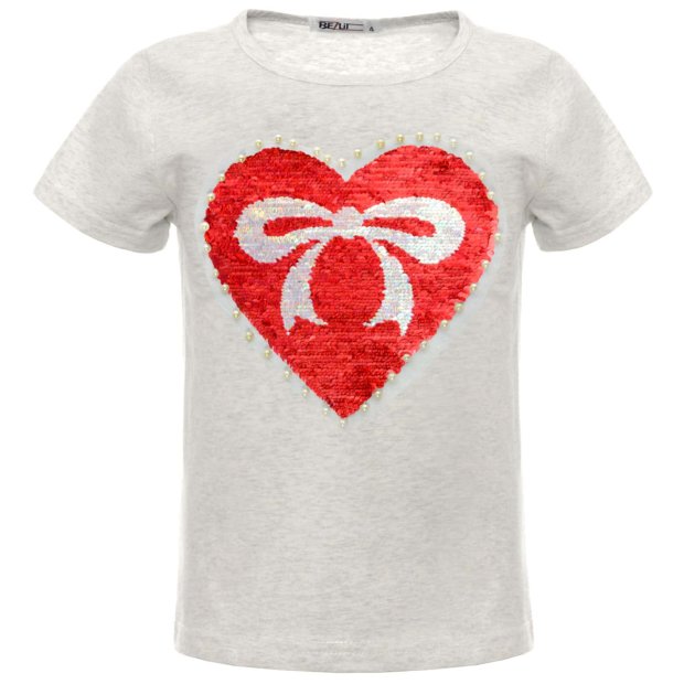 Mädchen Wende Pailletten T-Shirt mit einem Herz-Motiv Grau 164