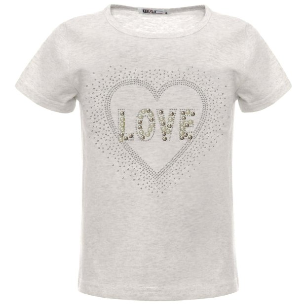Mädchen Sommer T-Shirt mit Glitzersteinchen und Kunst-Perlen Grau 146