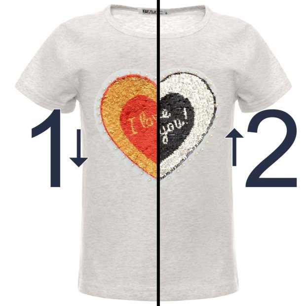 Mädchen T-Shirt Wende Pailletten Herz Motiv Grau 152