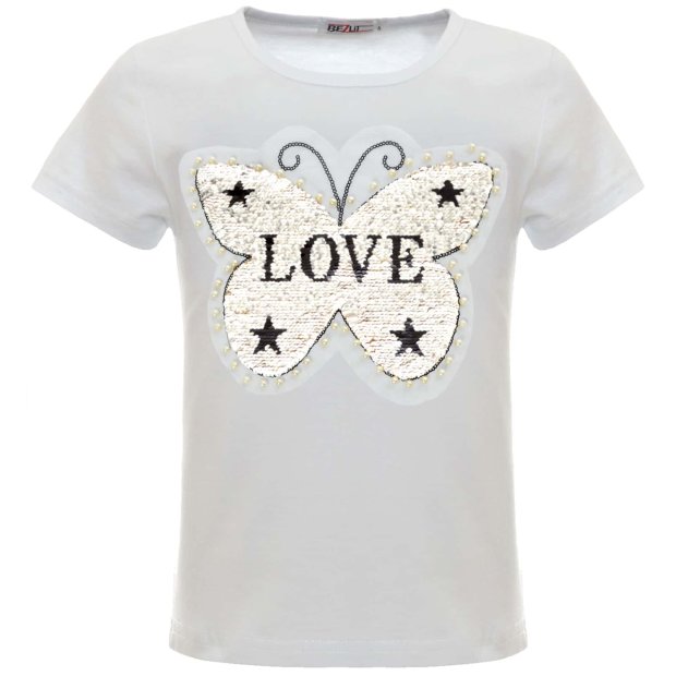 Mädchen Wende Pailletten T-Shirt mit Schmetterling und Kunstperlen Weiß 116