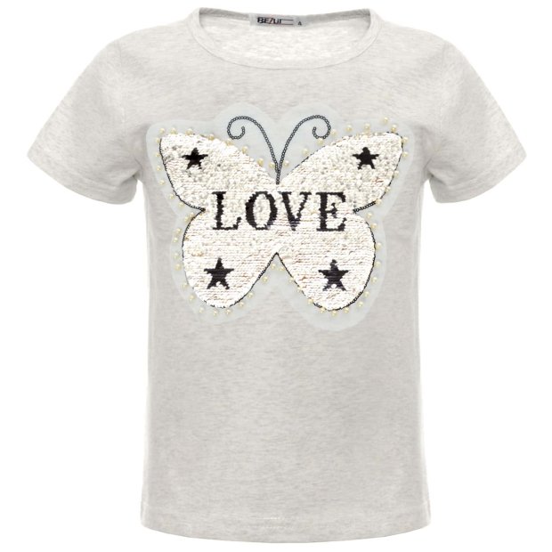 Mädchen Wende Pailletten T-Shirt mit Schmetterling und Kunstperlen Grau 116
