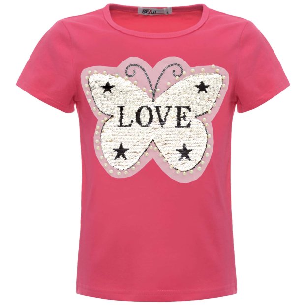 Mädchen Wende Pailletten T-Shirt mit Schmetterling und Kunstperlen Pink 116