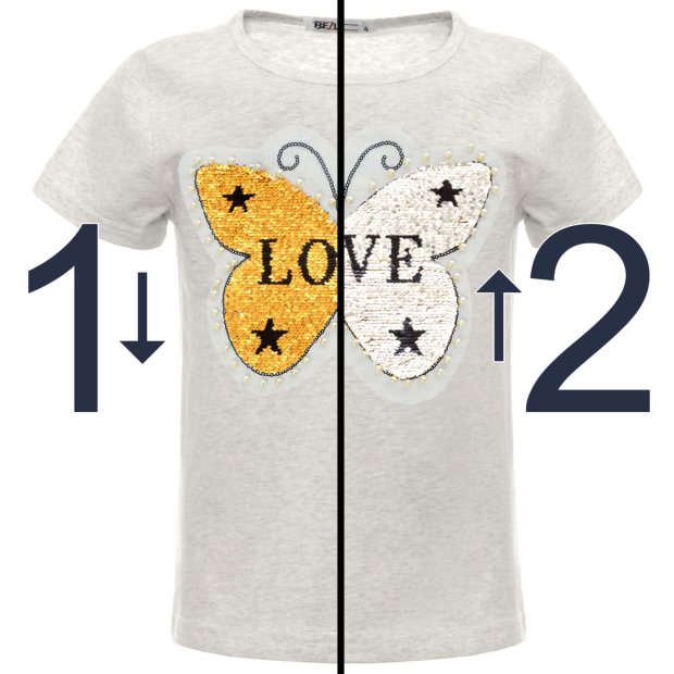 Mädchen Wende Pailletten T-Shirt mit Schmetterling und Kunstperlen Grau 128