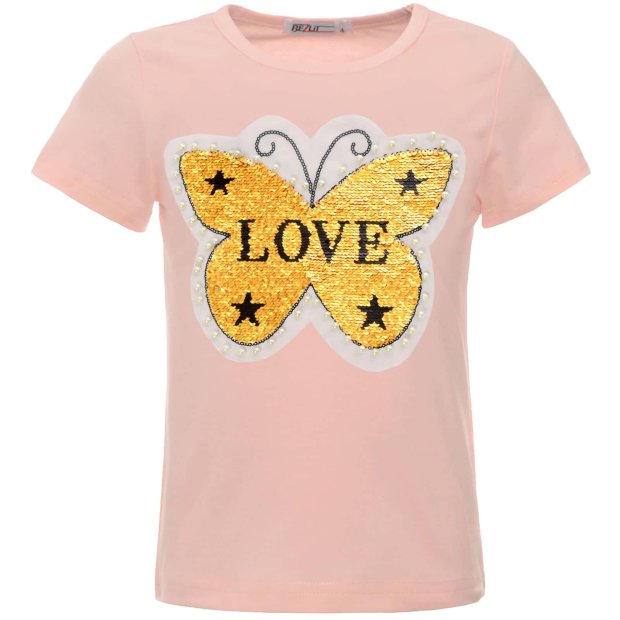 Mädchen Wende Pailletten T-Shirt mit Schmetterling und Kunstperlen Rosa 140