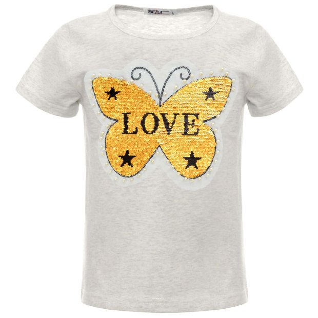 Mädchen Wende Pailletten T-Shirt mit Schmetterling und Kunstperlen Grau 140
