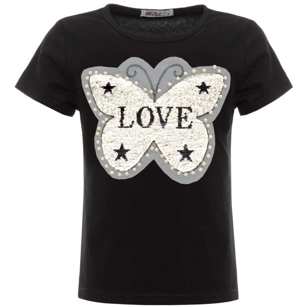 Mädchen Wende Pailletten T-Shirt mit Schmetterling und Kunstperlen Schwarz 152