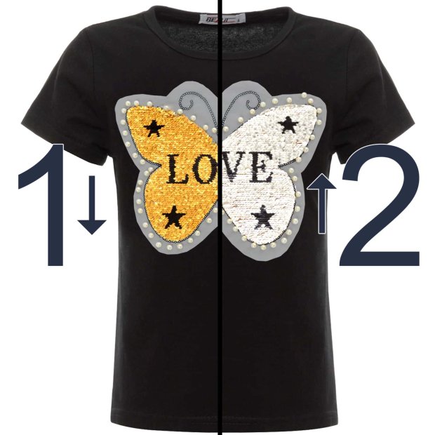 Mädchen Wende Pailletten T-Shirt mit Schmetterling und Kunstperlen Schwarz 152