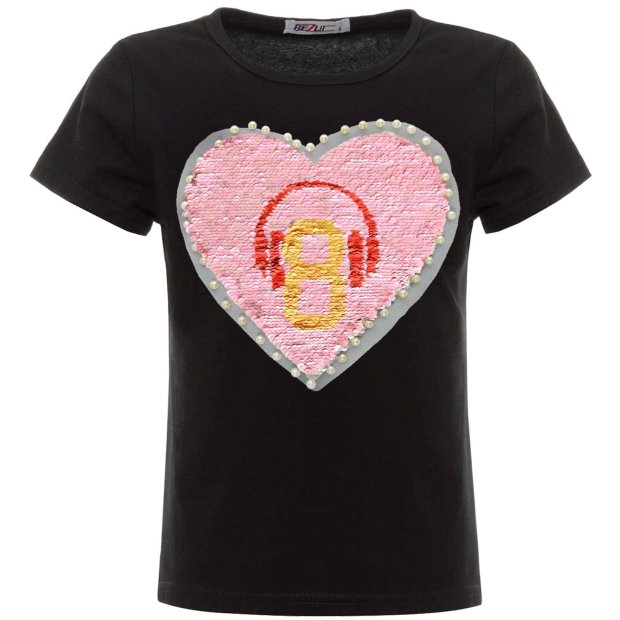 Mädchen Wende Pailletten T-Shirt mit Herz-Motiv und Kunstperlen Schwarz 152