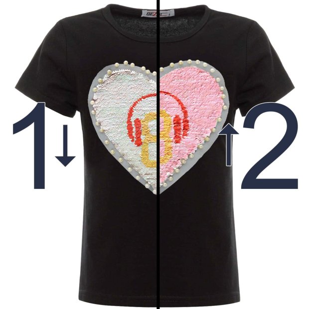 Mädchen Wende Pailletten T-Shirt mit Herz-Motiv und Kunstperlen Schwarz 152