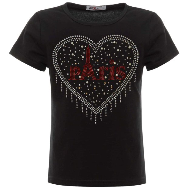 Mädchen Sommer Shirt mit Glitzersteinchen im Herz-Motive Schwarz 104