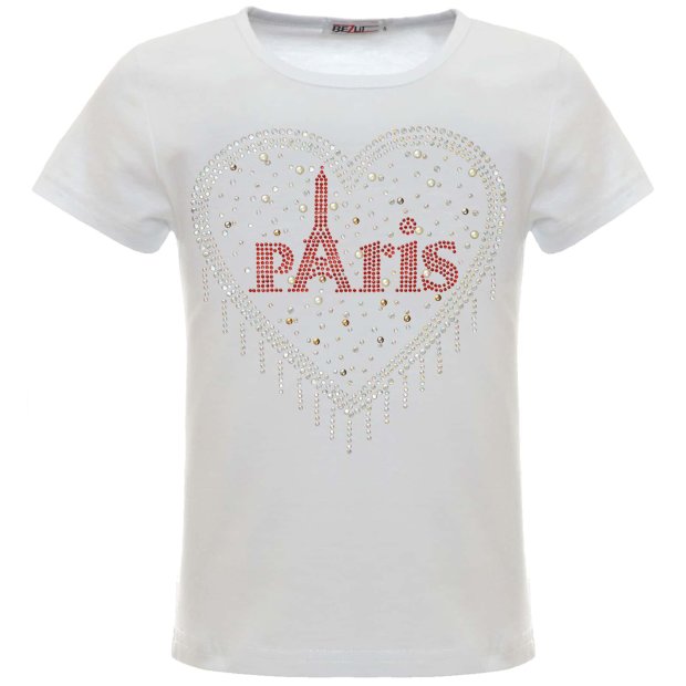Mädchen Sommer Shirt mit Glitzersteinchen im Herz-Motive Weiß 104