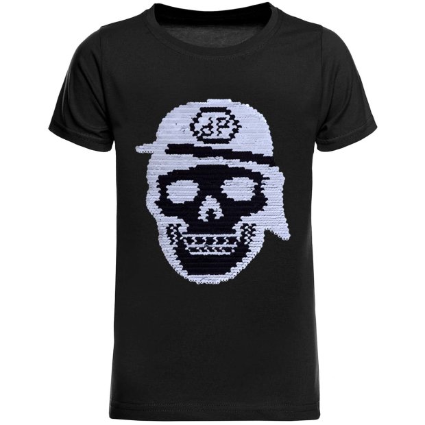 Jungen T-Shirt mit coolen Totenkopf Wende Pailletten Motiv Schwarz 116