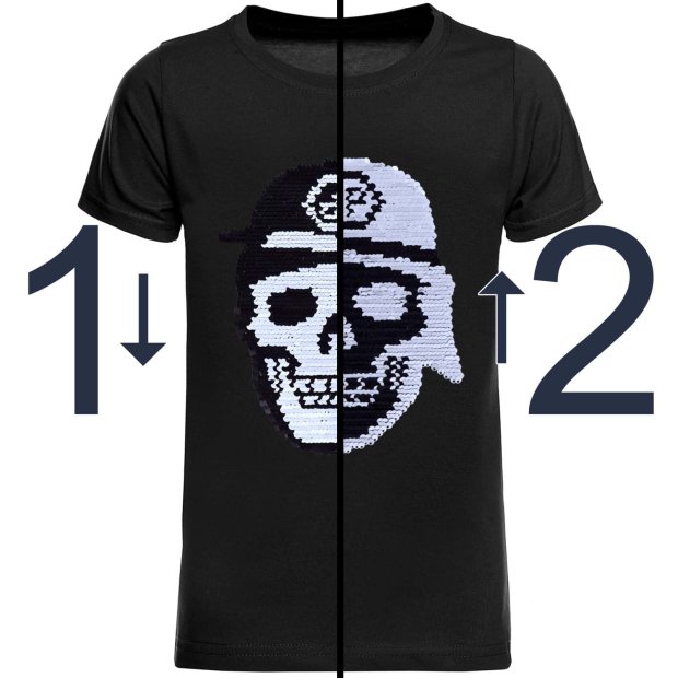 Jungen T-Shirt mit coolen Totenkopf Wende Pailletten Motiv Schwarz 116