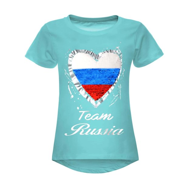 Mädchen Wende Pailletten Russland T Shirt mit Herz EM 2021