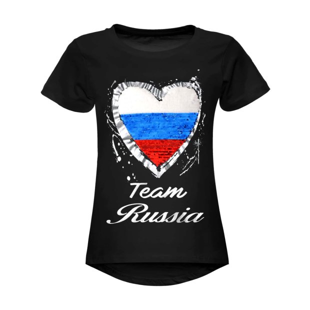 Mädchen Wende Pailletten Russland T Shirt mit Herz EM 2024 Schwarz 104