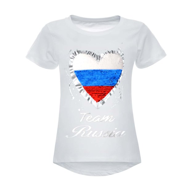 Mädchen Wende Pailletten Russland T Shirt mit Herz EM 2024 Weiß 116