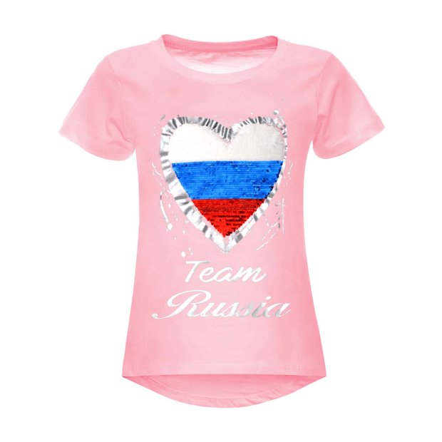 Mädchen Wende Pailletten Russland T Shirt mit Herz EM 2024 Rosa 140