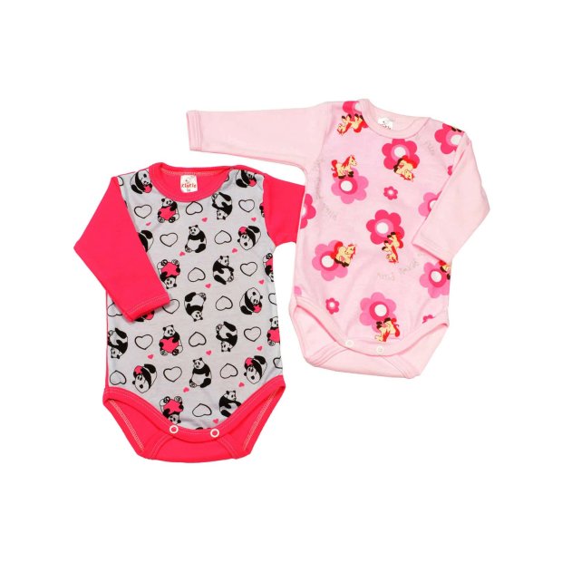 Baby Mädchen Langarm Body 2er Pack Rosa Pony und Pink Panda