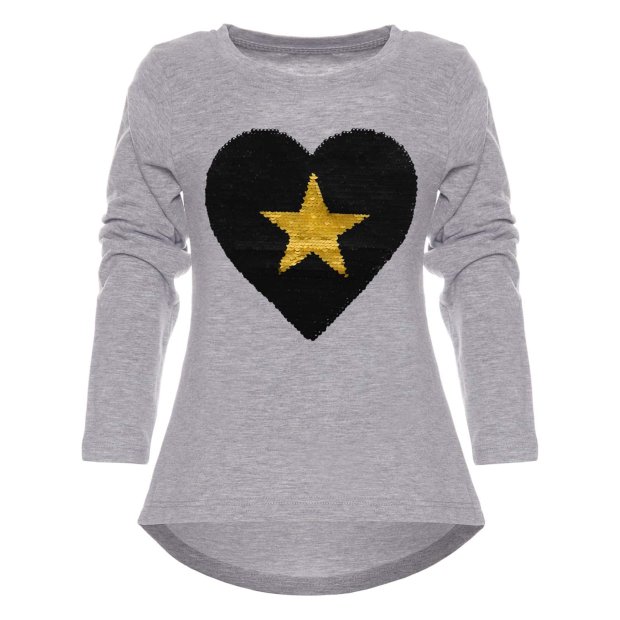 Mädchen Wendepailletten Shirt mit Herz Motiv Grau 134