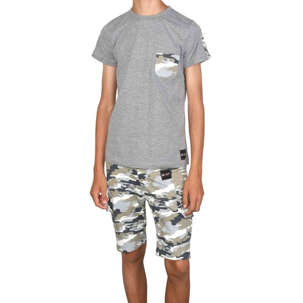 Jungen Sommer Set T-Shirt und Cargo Shorts Grau / Grau Camouflage 128/134