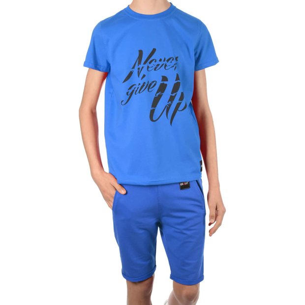 Jungen Sommer Set T-Shirt NEVER GIVE UP und Stoff Shorts Blau / Blau 140/146