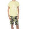 Jungen Sommer Set T-Shirt NEVER GIVE UP und Stoff Shorts Gelb / Grün Camouflage 116/122
