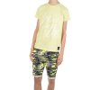 Jungen Sommer Set T-Shirt NEVER GIVE UP und Stoff Shorts Gelb / Grün Camouflage 140/146