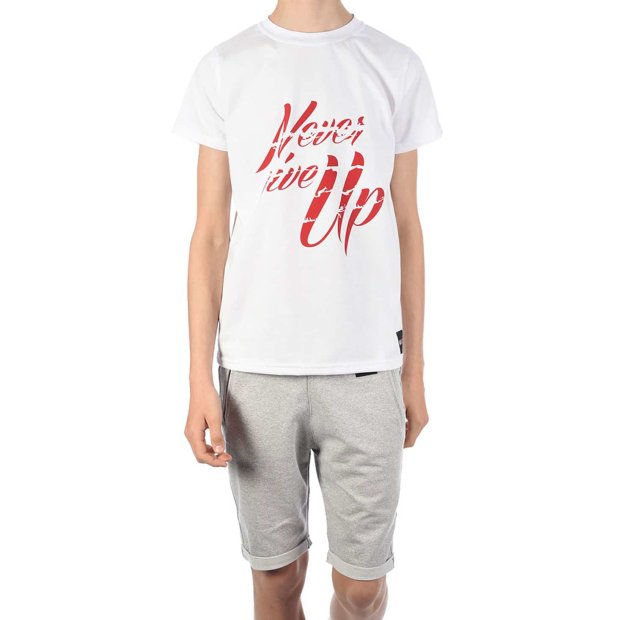 Jungen Sommer Set T-Shirt NEVER GIVE UP und Stoff Shorts Weiß / Grau 128/134