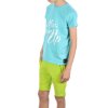 Jungen Sommer Set T-Shirt NEVER GIVE UP und Stoff Shorts Türkis / Grün 128/134