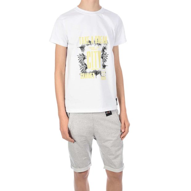 Jungen Sommer Set T-Shirt Take a break und Stoff Shorts Weiß / Grau 128/134