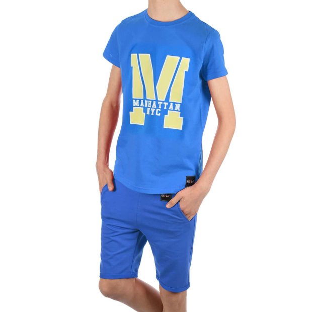Jungen Sommer Set T-Shirt Manhatan und Stoff Shorts Blau / Blau 116/122